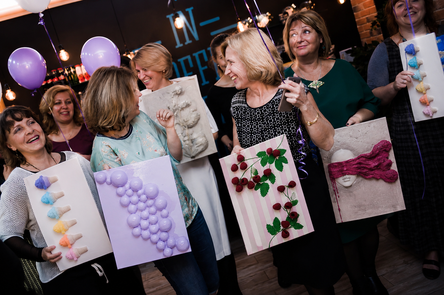 Team members creating textured 3D canvas at a Bubble Brush corporate session